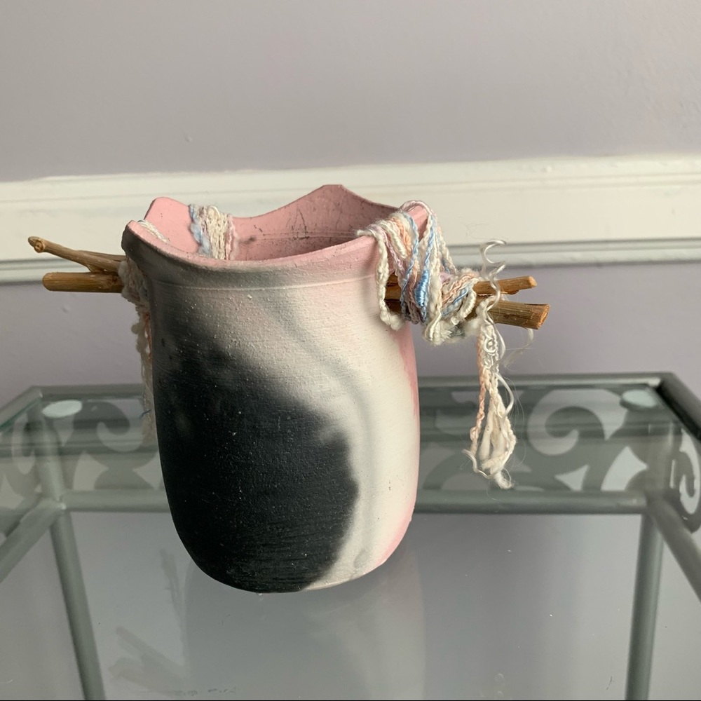 Handmade signed artsy pink and gray pottery cup with twig and yarn trim